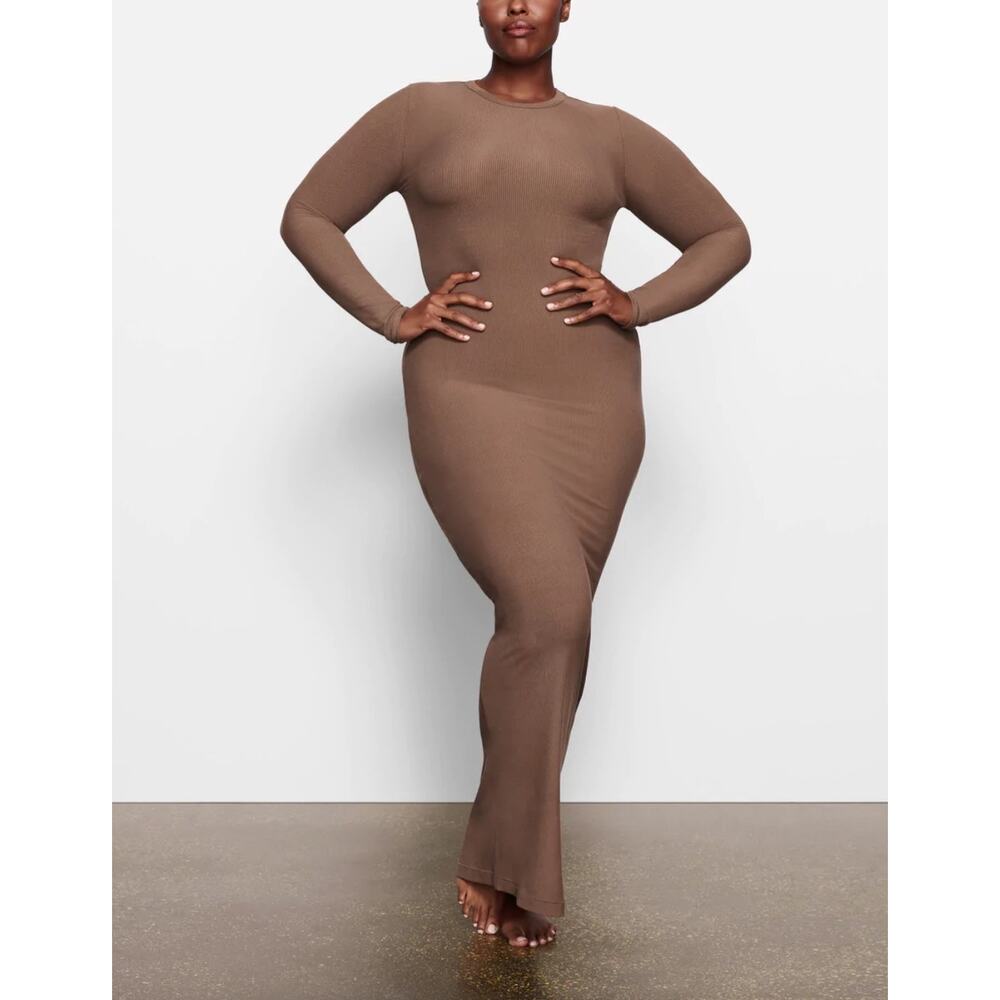 Skims Soft Lounge Crewneck Long Sleeve Maxi Dress XS Oxide RARE